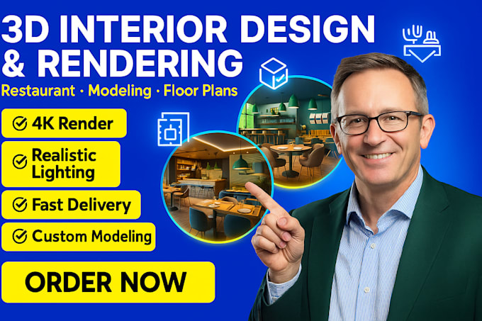 create 3d interior design, 3d model, restaurant render and 3d floor plan