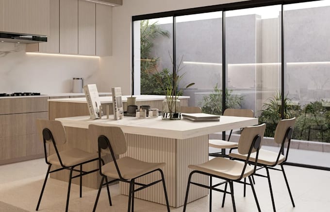 retrofit 3d modern apartment, furniture set, interior layout, cgi kitchen render