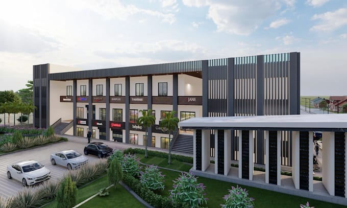 recreate 3d shopping complex,retail plaza, storefront design, cgi carport render
