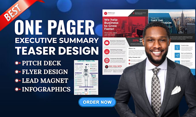 do one pager flyer, executive summary, investment teaser, infographics