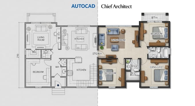 draw 2d floor plan, architectural house plan using autocad and chief architect