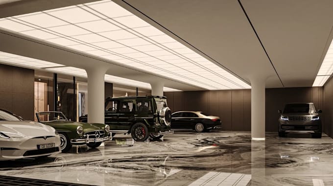 Rebuild 3d modern garage interior,basement rendering, residential space ...