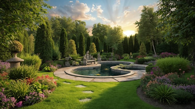 backyard landscape design with pool, patio, and garden 3d rendering