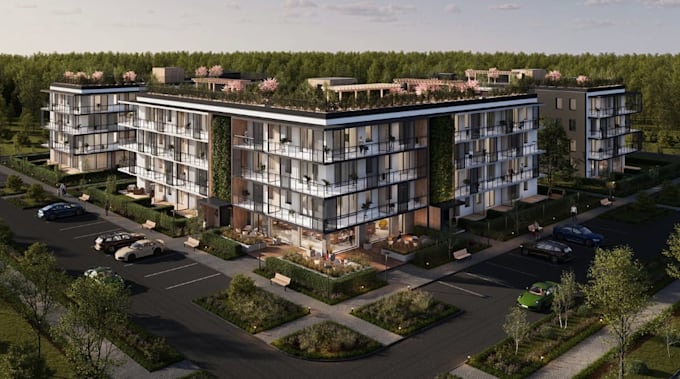 visualize3d modern estate villa facade,urban streetscape render,car park design