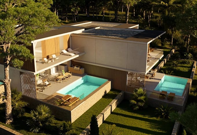 refurish3d elevated house,villa exterior,pool side,outdoor lounge,balcony render