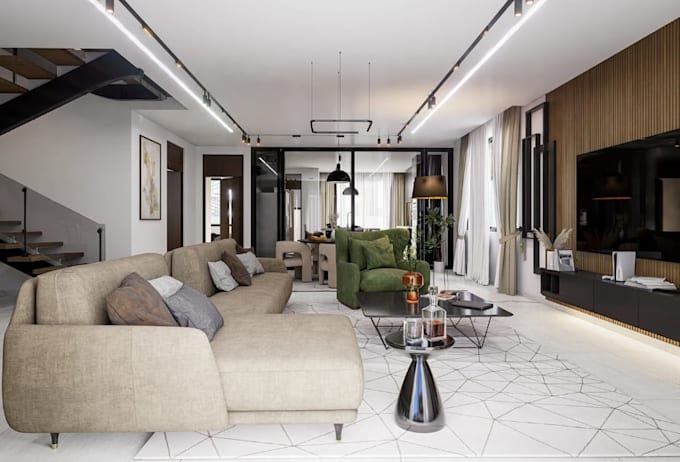 redesign apartment interior, 2d floor plan, basement layout, realistic rendering