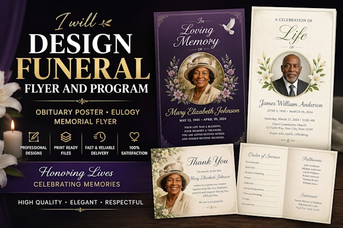 design funeral flyer and program, obituary poster, eulogy, and memorial flyer