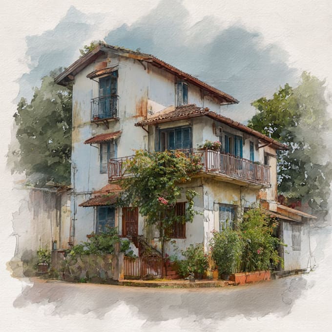 sketch architecture building with watercolor rendering