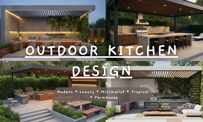 provide outdoor kitchen design, patio, bar, BBQ and backyard landscape