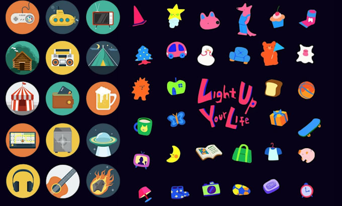 do colourful game icons, 2d flat icons, skill icons, UI icons, items and objects