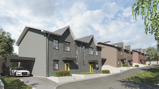 Render residential neighborhood,townhouse complex design,landscape ...