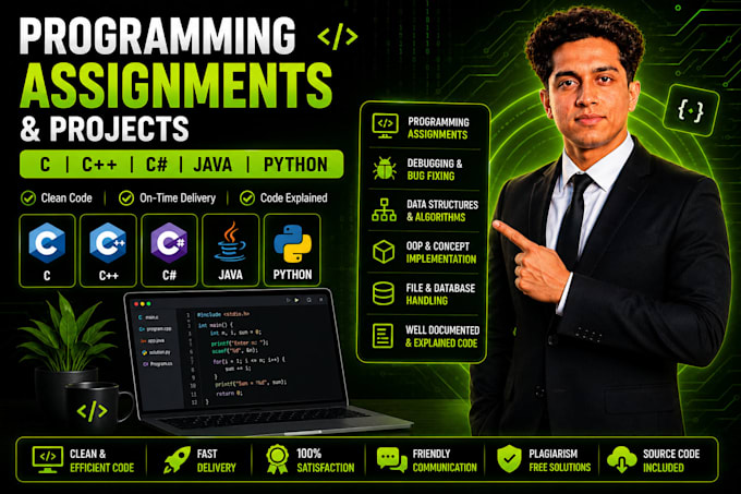 help with c, cpp, java, python and c sharp programming tasks