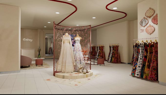 modern 3d boutiques interior clothing store retail shops, showroom cgi rendering