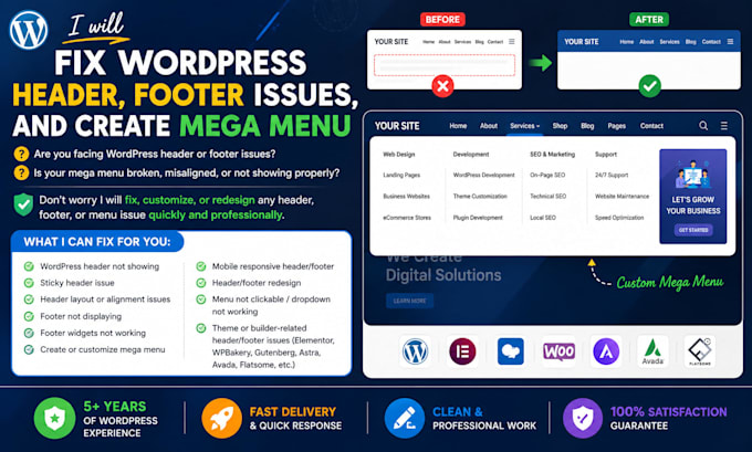 fix wordpress header, footer issues, and create mega menu