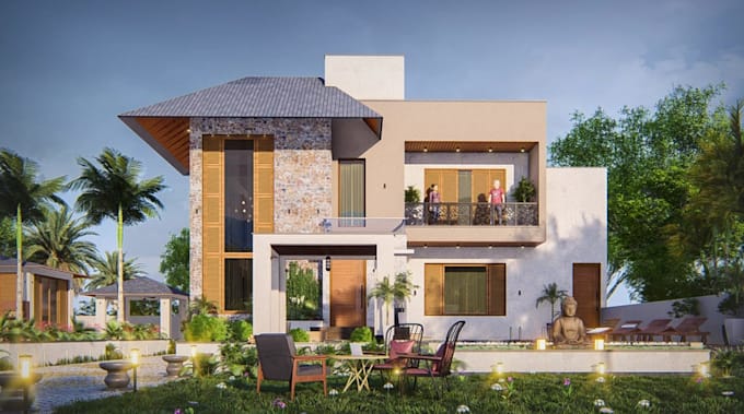 turn floor plan to elevation, 3d isometric design, facade model, rooftop render