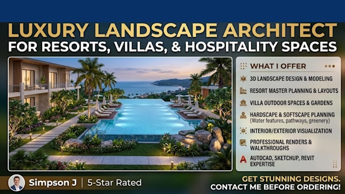 create landscape architectural concept resort, villa, and hospitality spaces