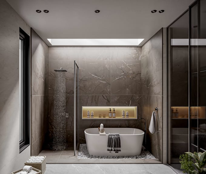 design a modern and  realistic 3d bathroom interior
