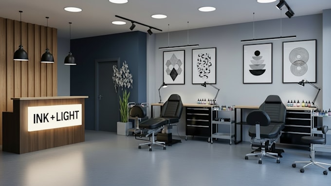 Design 3d modern interior tattoo parlor, tattoo studio, cyber club an ...