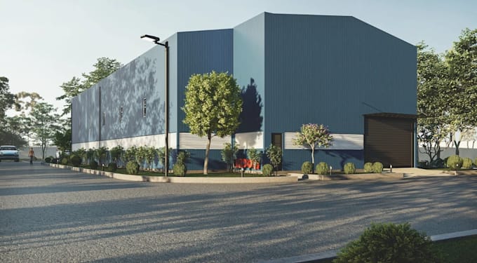 aesthetic industrial building,3d exterior warehouse,loading bay,facility render