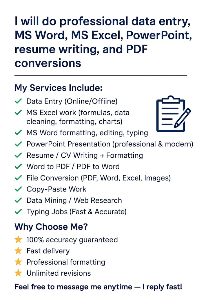 do data entry , resume writing, ms excel, ms word, copypaste