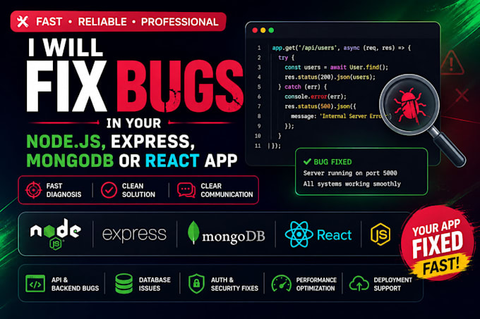 fix nodejs, express, mongodb, react and rest API bugs