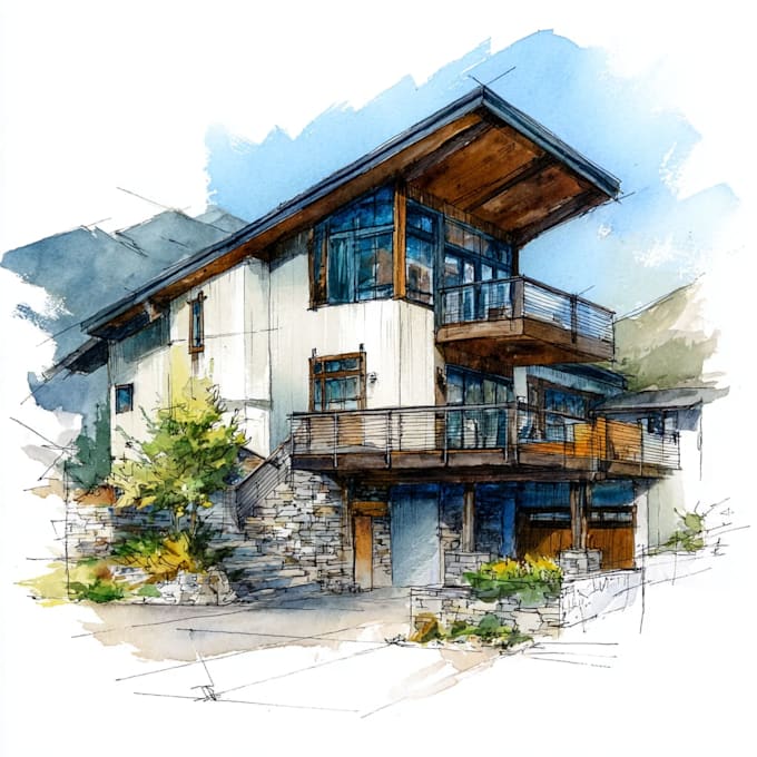sketch architecture building with watercolor rendering