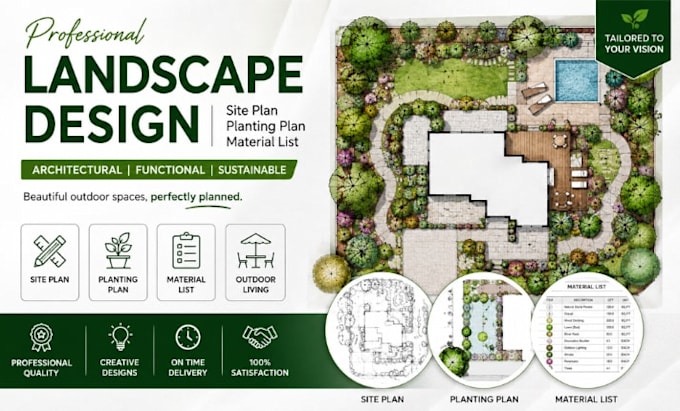 architect landscape site plan, planting plan, material list garden designer