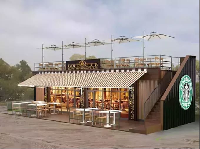 renovate facade pavilion, front shop render, cafe shop, 3d rendering, bar area