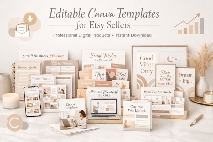 design etsy digital products and editable canva templates