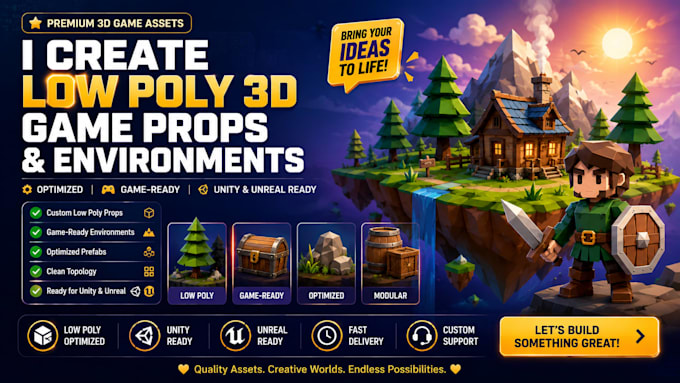 create low poly 3d game assets for unity , unreal