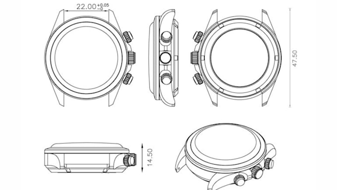 create 3d wrist watch, technical drawing, cad model and 3d rendering prototype