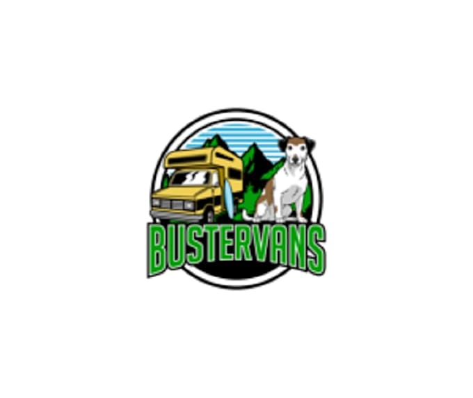 do iconic buster vans logo with a camper van and surfboard