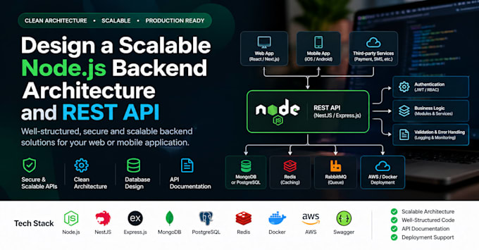 design a scalable nodejs backend architecture and rest API