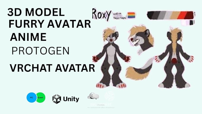 Make you a vrchat avatar furry anime protogen avatar with 3d model and ...