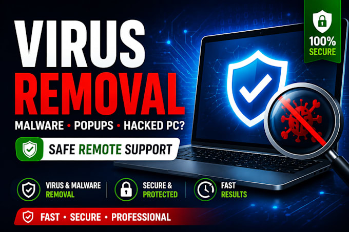 remove viruses, malware, popups, hacked PC remotely