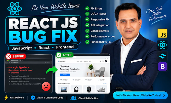 fix react js website bugs and javascript frontend issues