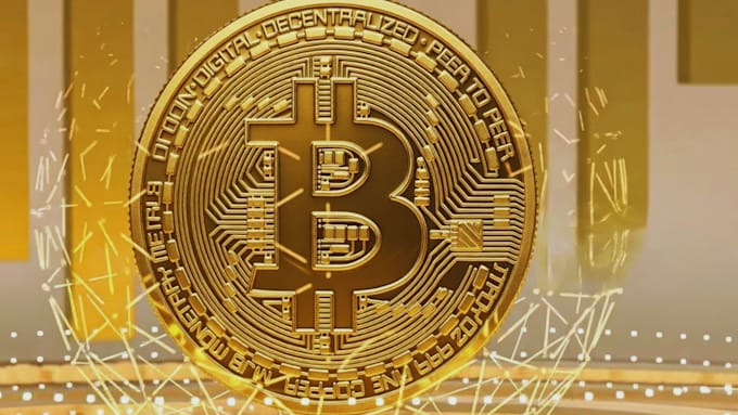 create realistic 3d gold crypto coin spinning loop, circuit board, custom chips