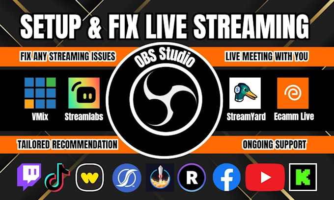 setup or fix obs streamlabs vmix for twitch tiktok youtube whatnot live stream