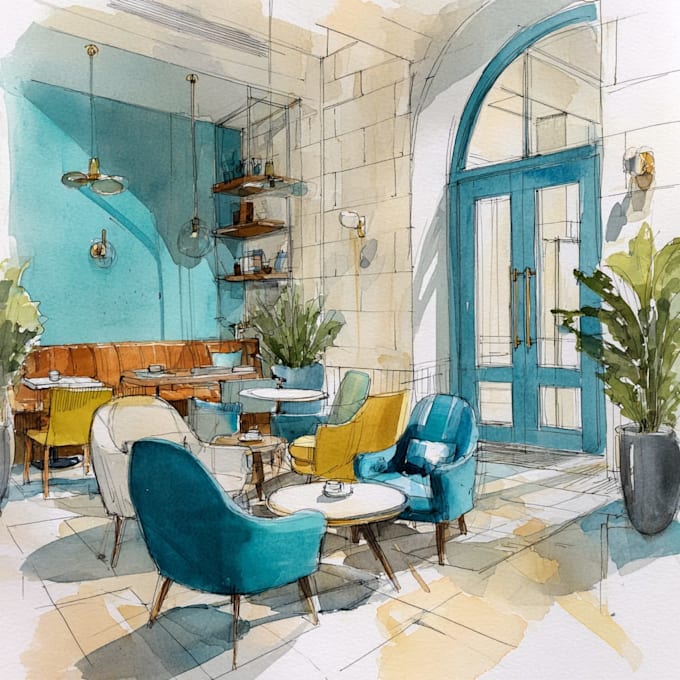 do watercolor style architectural or interior illustration