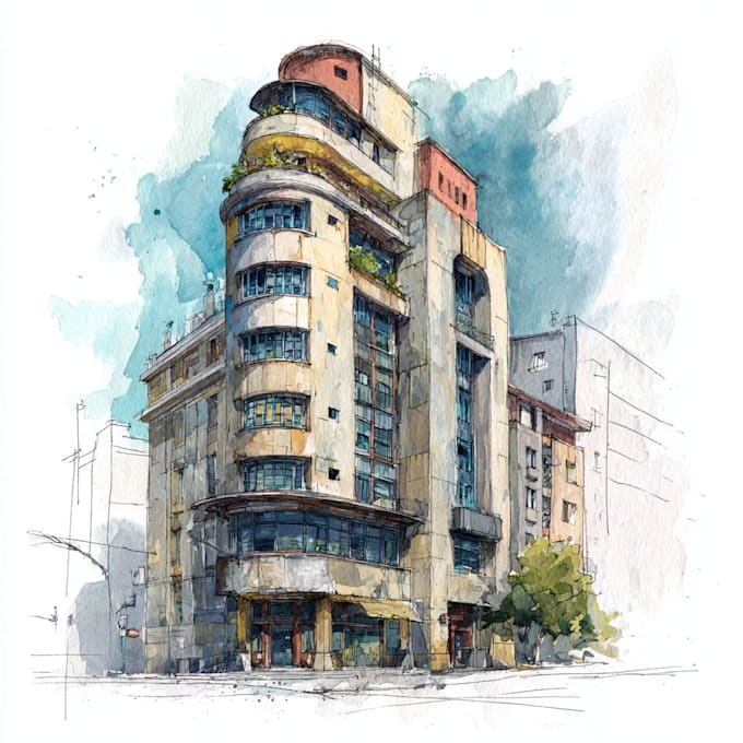 sketch architecture building with watercolor rendering