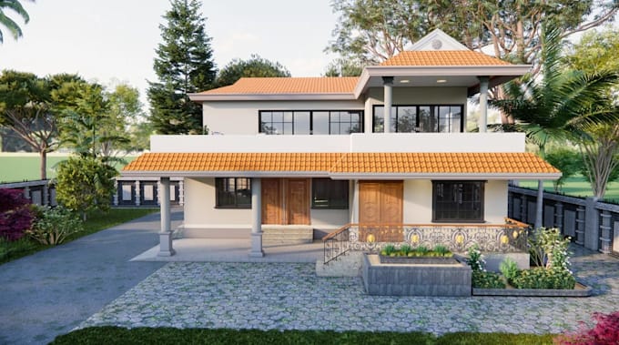revit 3d kerala pattern elevation, exterior roof overhang design, veranda render