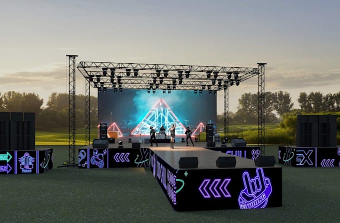 build 3d outdoor event stage, stage backdrop, vectorwork ,cgi concert production