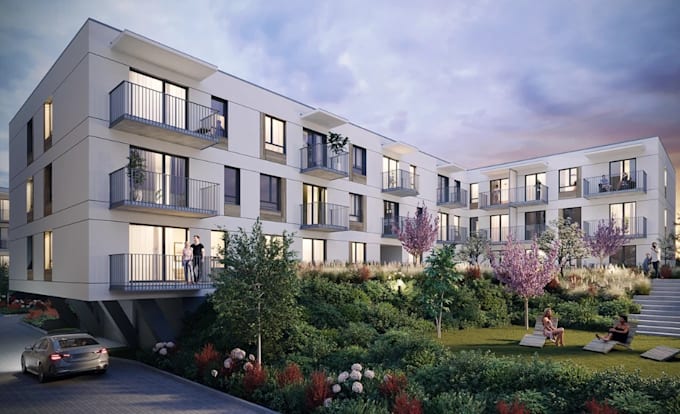 3d apartment complex,building facade,balcony, landscape render, townhouse design