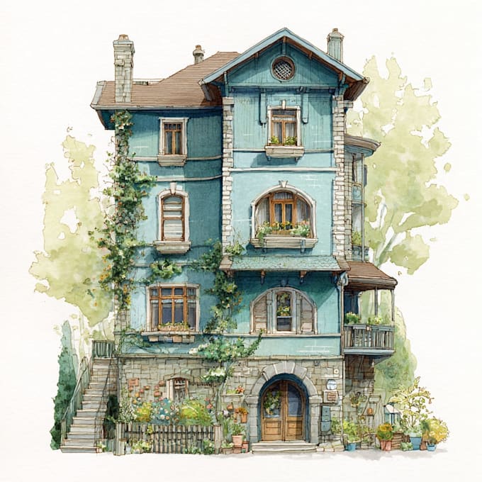 Draw architectural watercolor drawings of buildings, shops and house ...