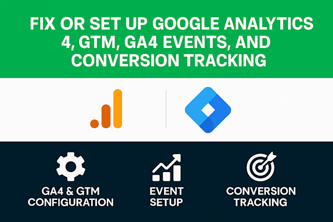 fix or set up google analytics 4, GTM, ga4 events, and conversion tracking