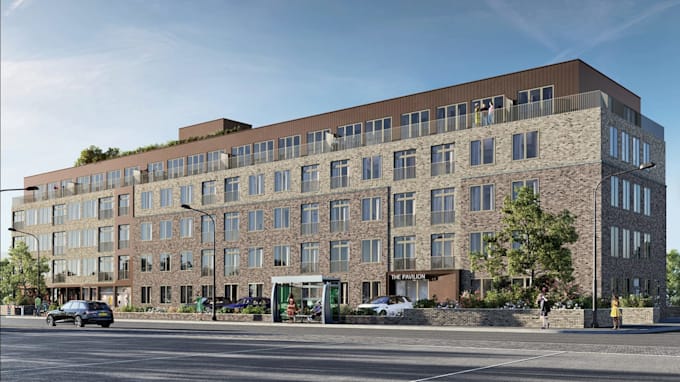 repurpose office for apartment complex,brick facade, urban environment rendering