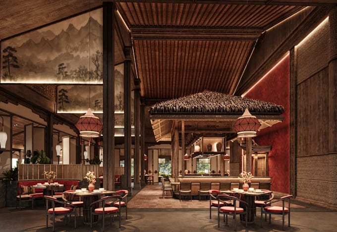 Reinvent 3d interior restaurant,food service design, 8k hq renderin,bar ...