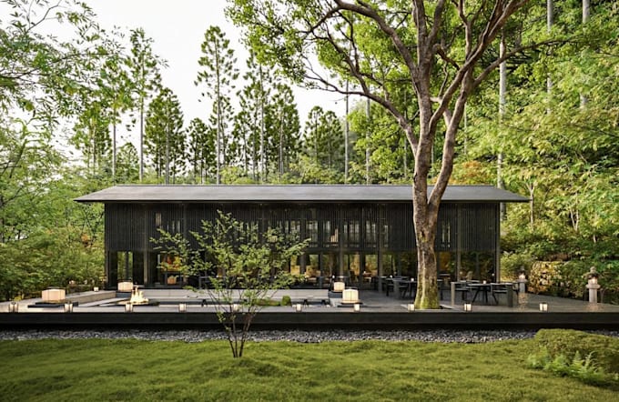 luxury forest restaurant design, kitchen, cocktail bar visualization, food space