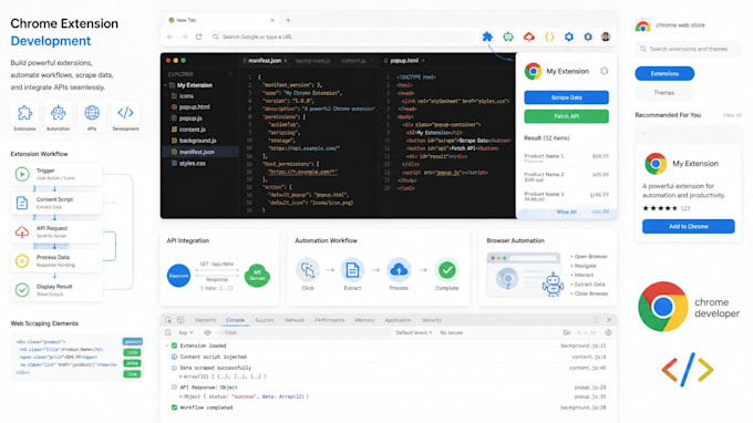 develop chrome extension, web automation bot, data scraper