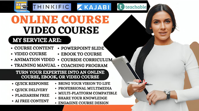 create kajabi, thinkific video online course content, elearning animated slides